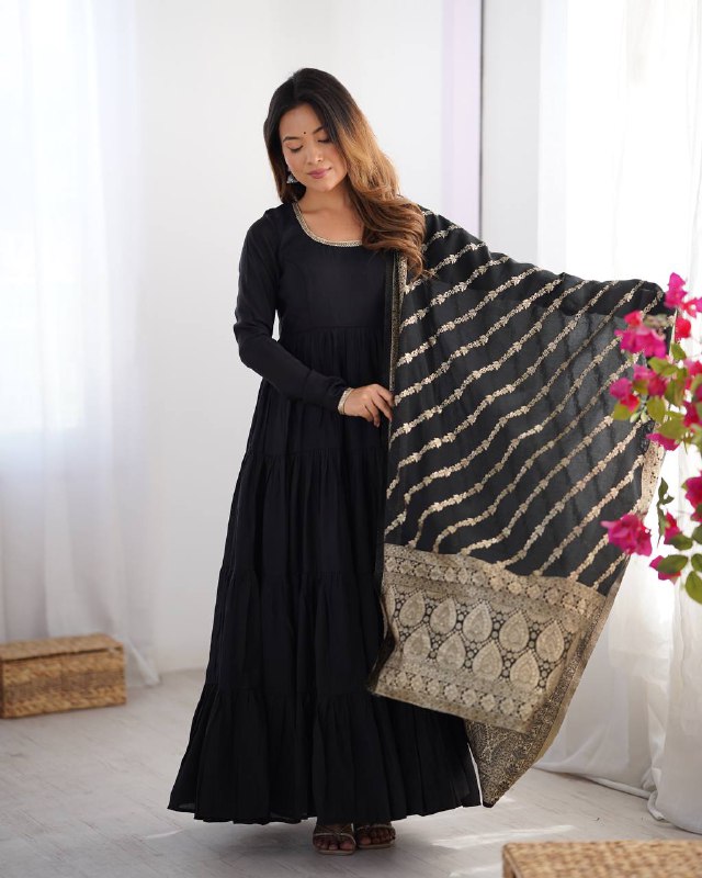 HEAVY PURE ROMANSILK CHANDERI FABRIC GOWN