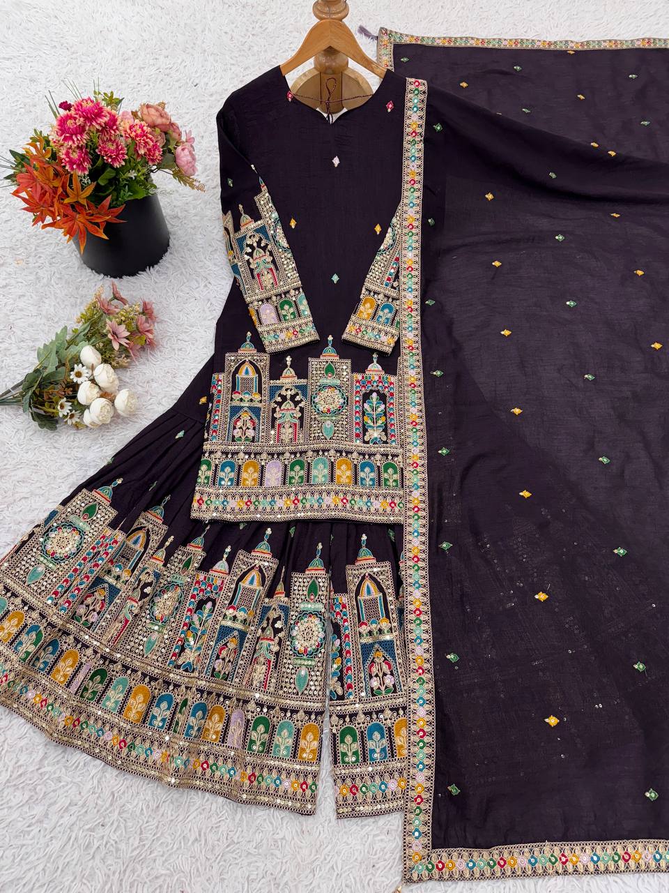 Heavy Embroidery Coding Dori-Sequence Work Top-Bottom And Dupatta Set Fully Stitched
