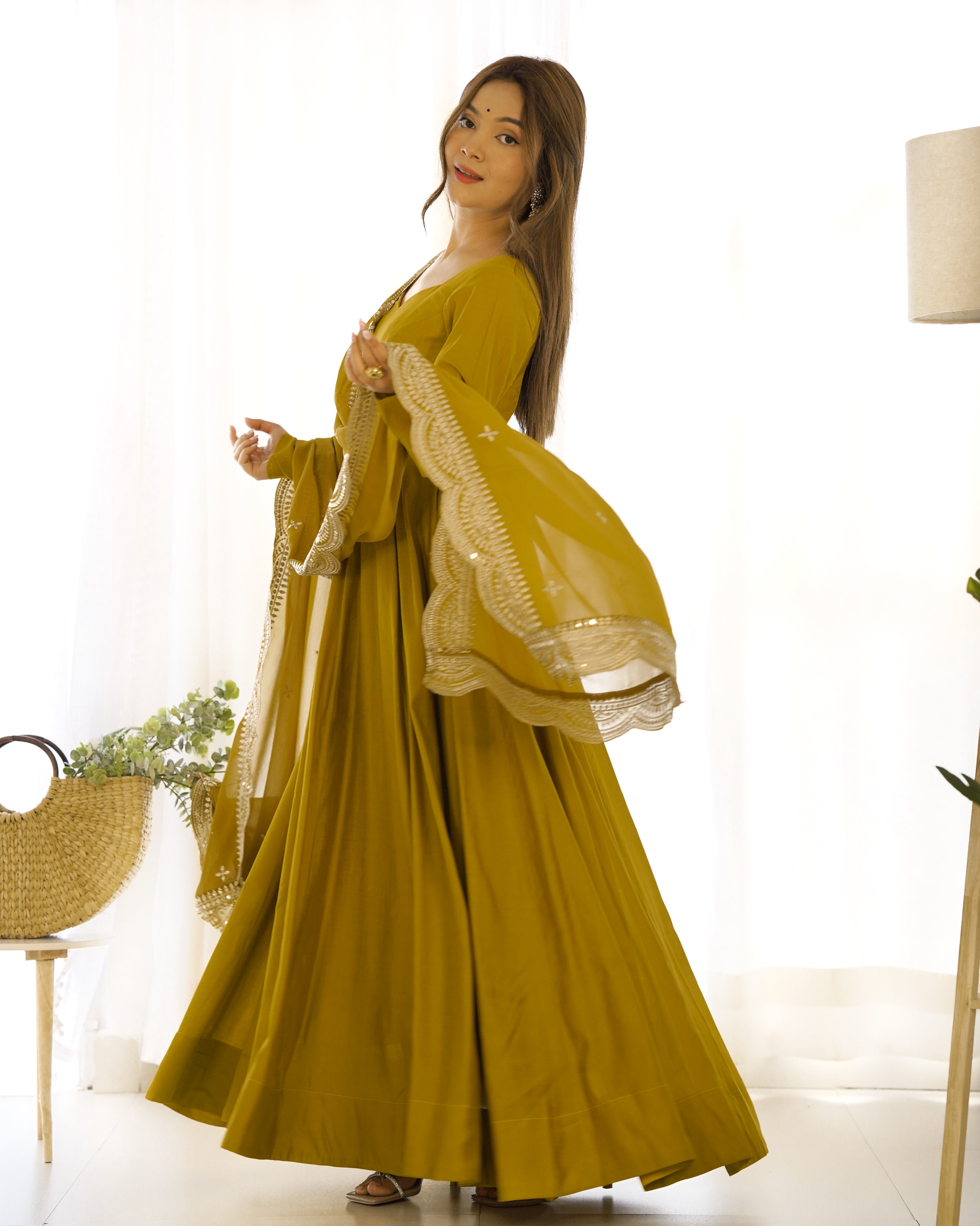 HEAVY PURE ROMANSILK  CHANDERI FABRIC GOWN