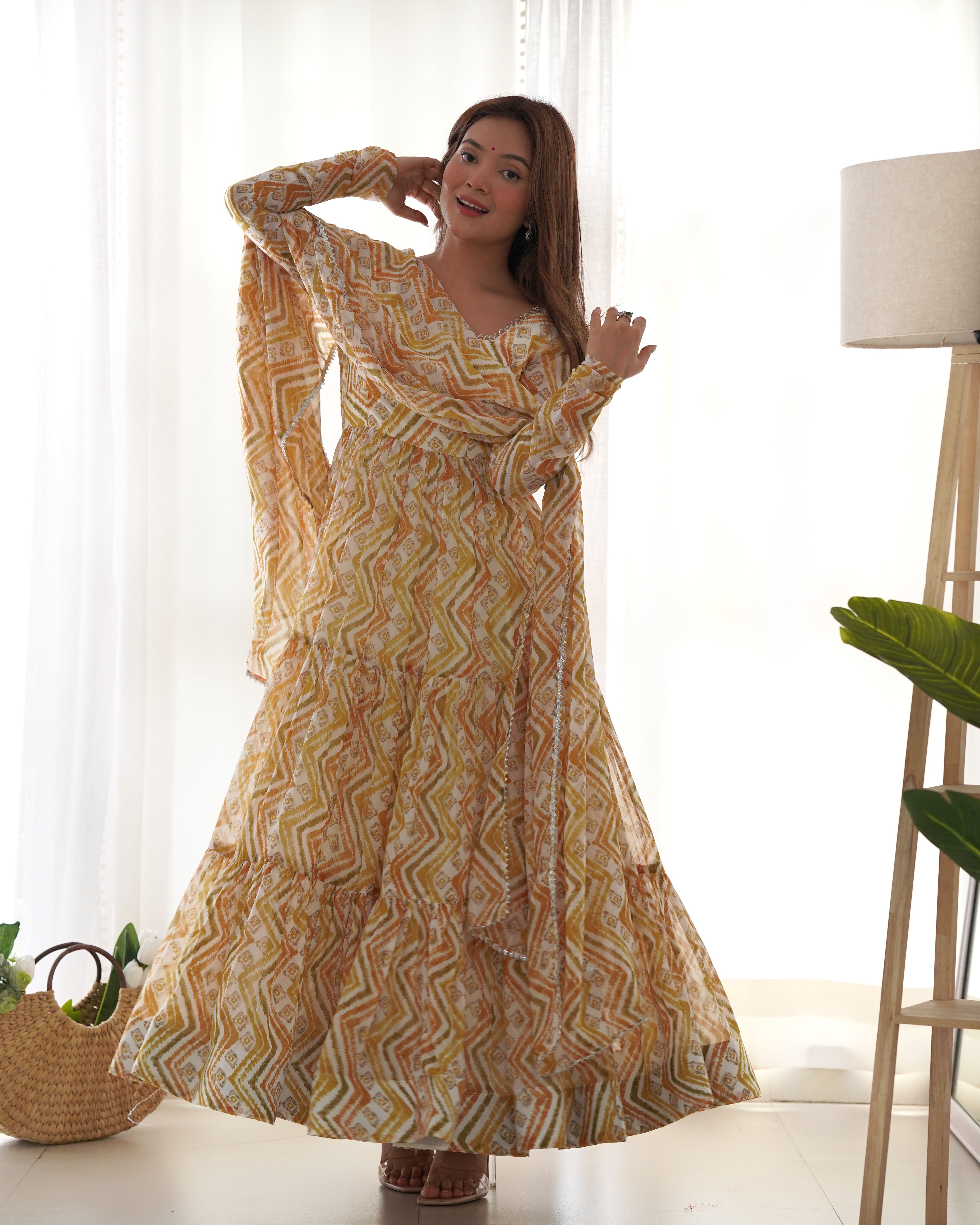 HEAVY PURE SOFT FOX GEORGETTE ZIGZAG PRINT GOWN