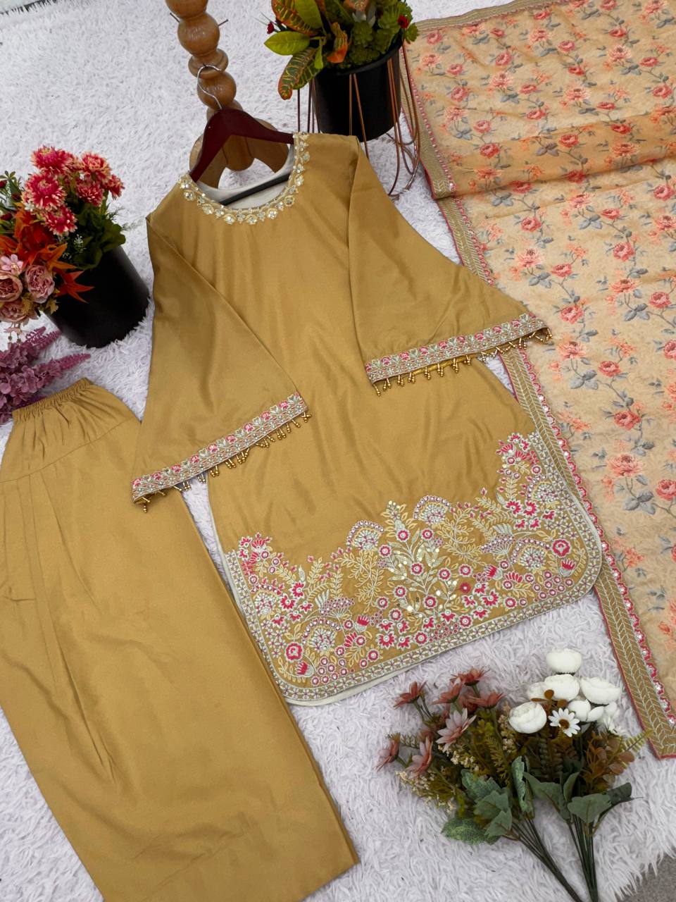 French Crep Silk Top-Bottom And Dupatta Set Fully Stitche