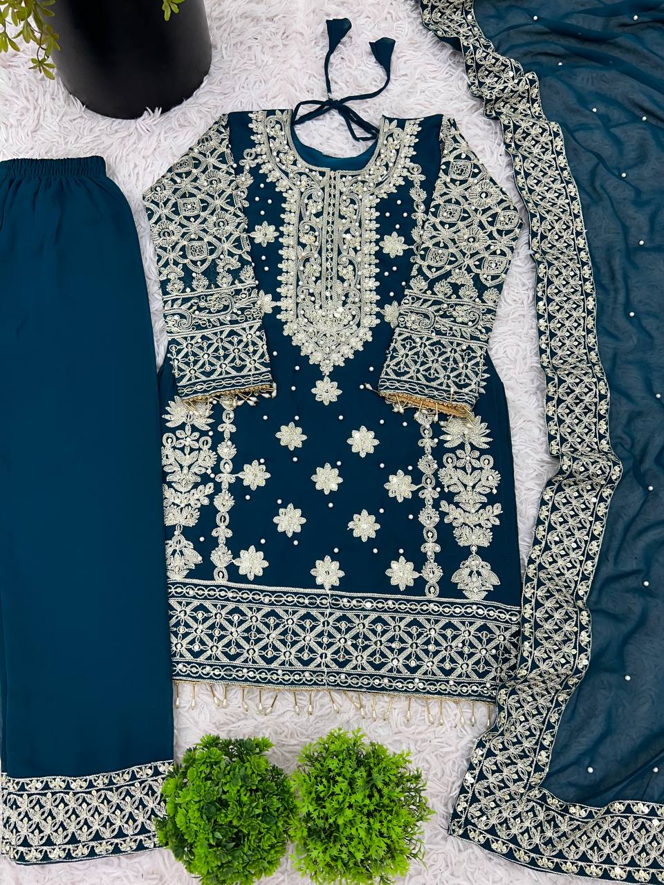 Faux Georgette With Heavy Embroidery Sequence Work Top-Bottom And Dupatta Set Fully Stitched Ready To Wear